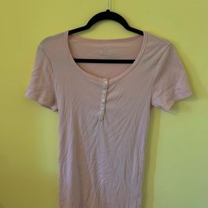 Light Pink Plain Button Ribbed Top
